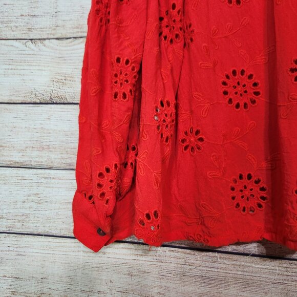 Nicole Miller Womens Artelier Long Sleeve Blouse Embroidered Eyelet Red Large - Picture 10 of 12